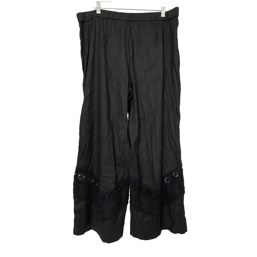 Susan Graver Black Wide Leg Cropped Pants Lace Trim Elastic Waist Women's 16 EUC - Picture 5 of 15
